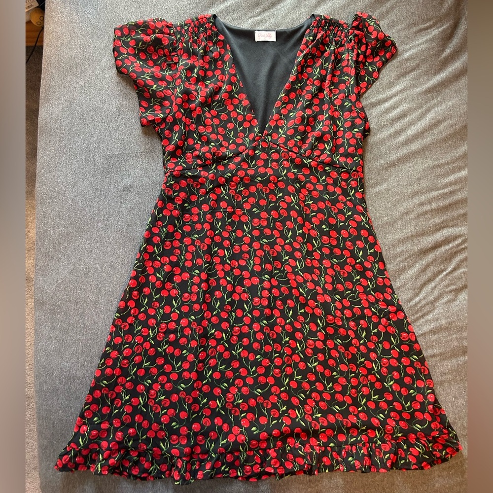 Pink Lily Black Mini Dress with Red Cherry Print